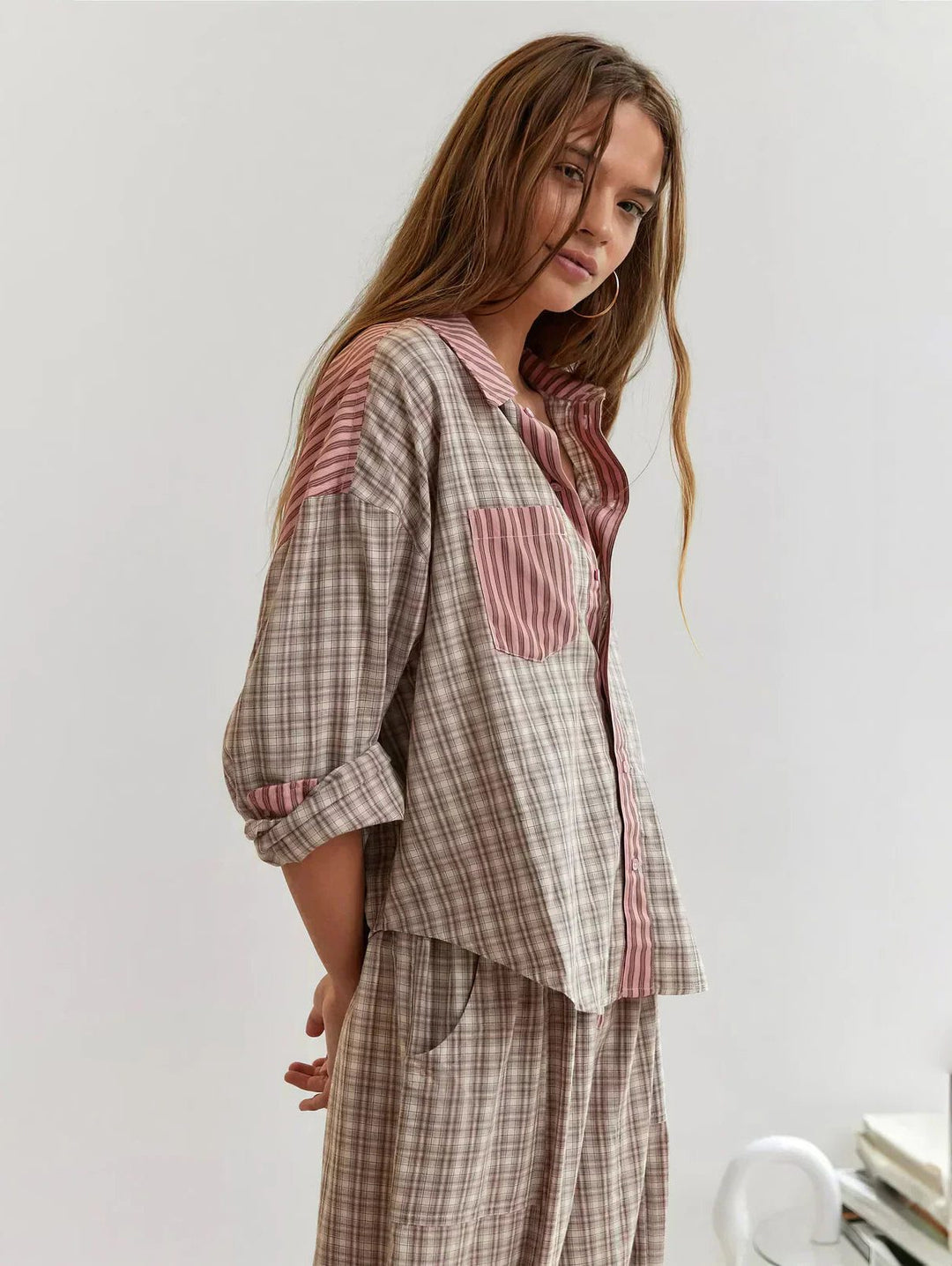 Checked Pajama Set with Long Sleeves for Women