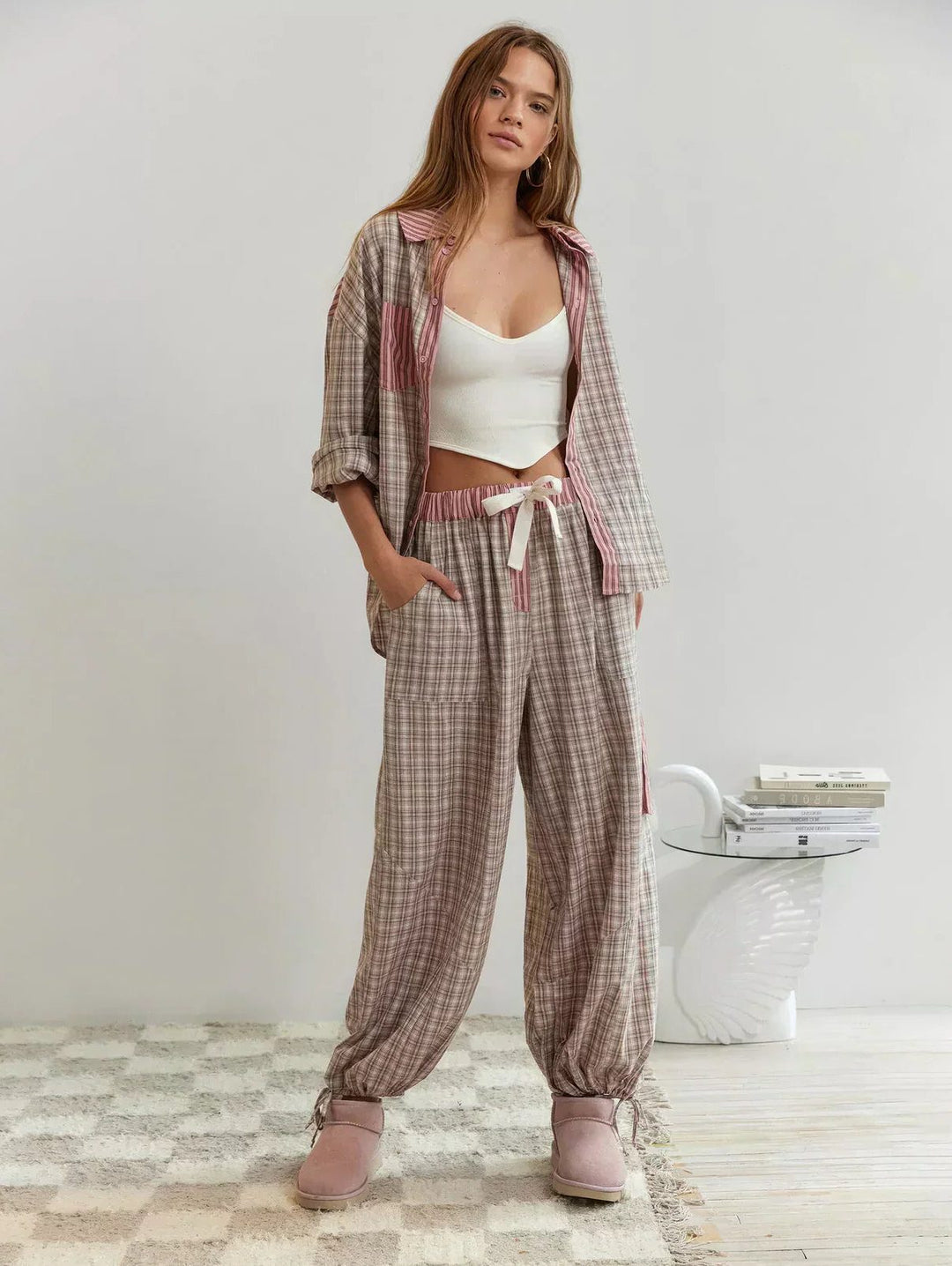 Checked Pajama Set with Long Sleeves for Women