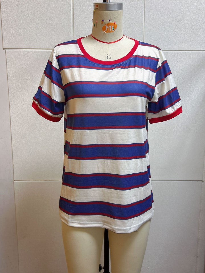 Striped T-Shirt with Short Sleeves and Round Neck for Women