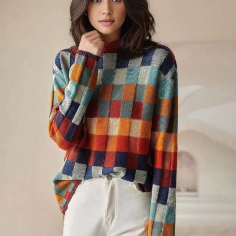 Checked Sweater with Round Neck for Women