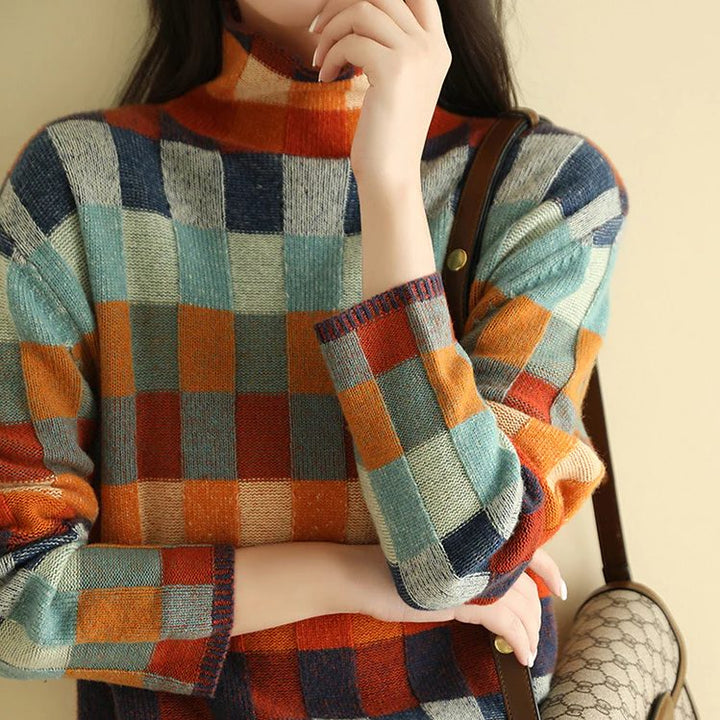 Checked Sweater with Round Neck for Women