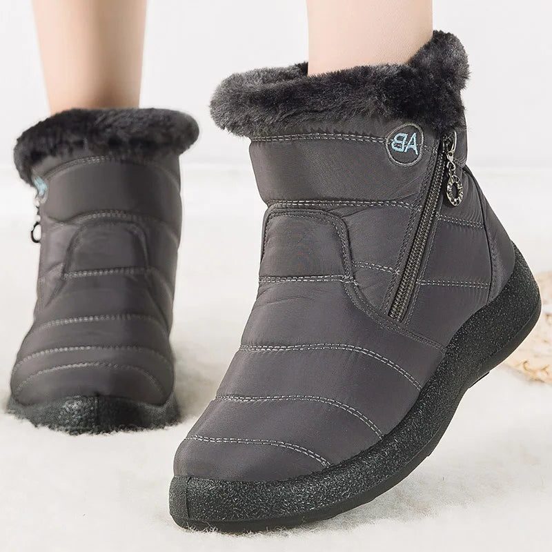 Padded Ankle Boots with Zipper and Fur Collar for Women