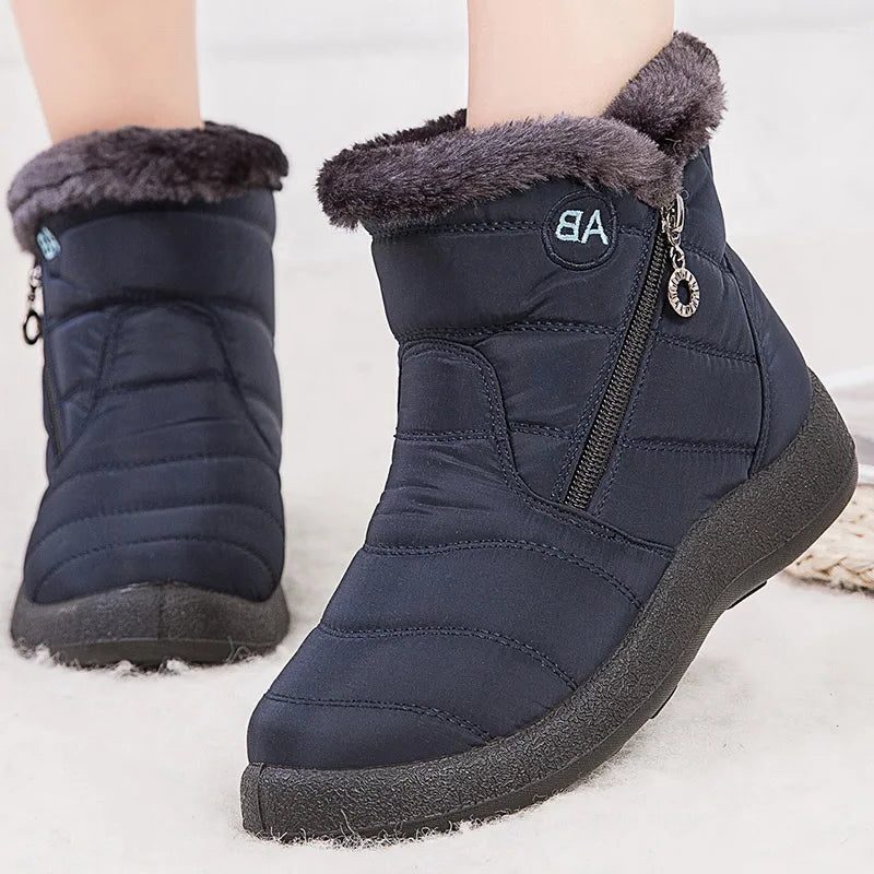 Padded Ankle Boots with Zipper and Fur Collar for Women
