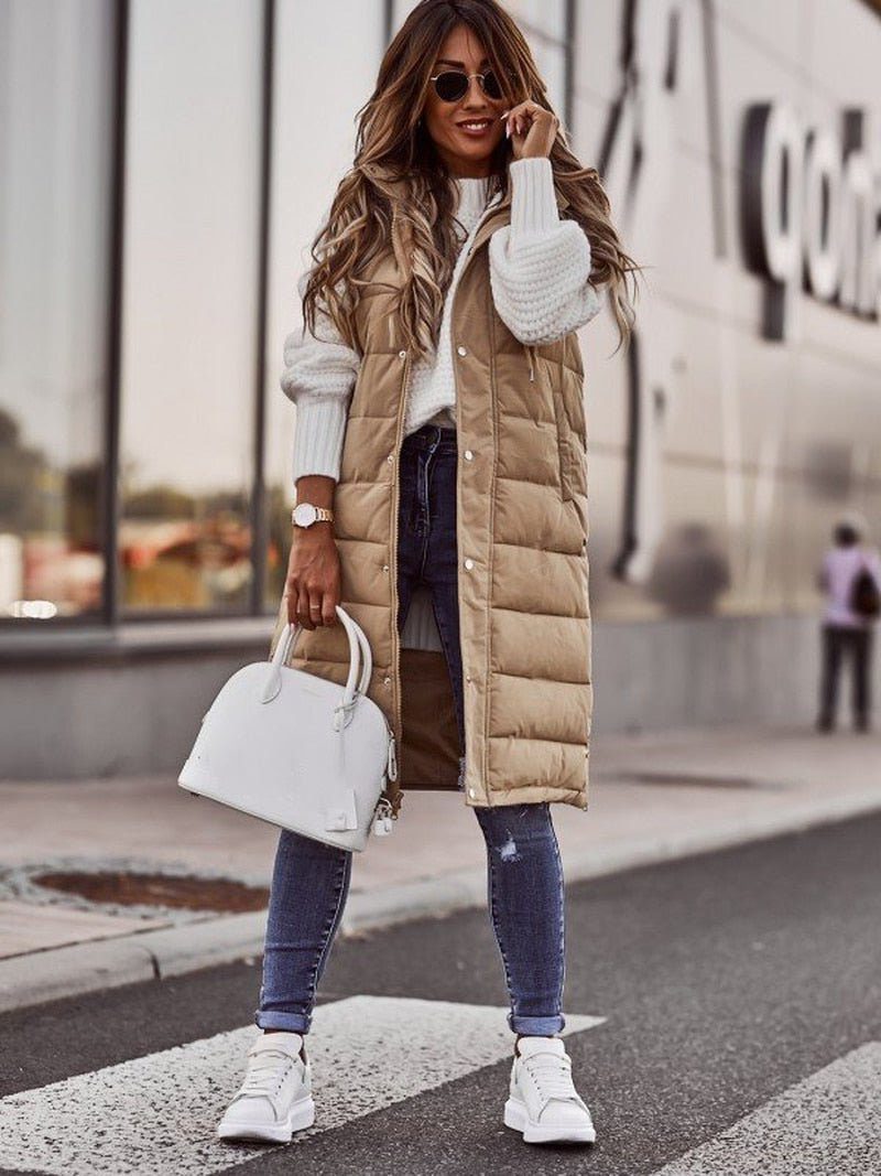 Padded Long Jacket with Zipper for Women