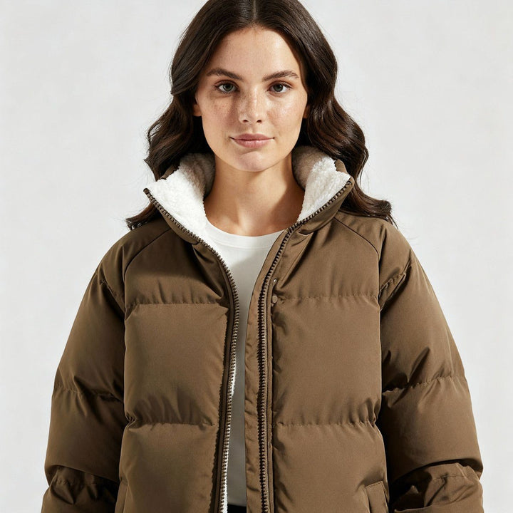 Quilted Puffer Jacket with Fleece Lining and Hood for Women