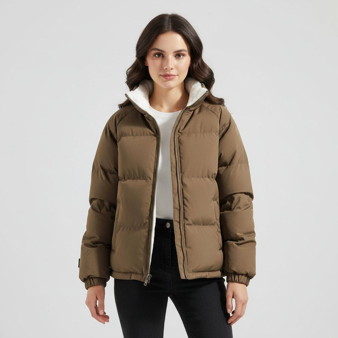 Quilted Puffer Jacket with Fleece Lining and Hood for Women