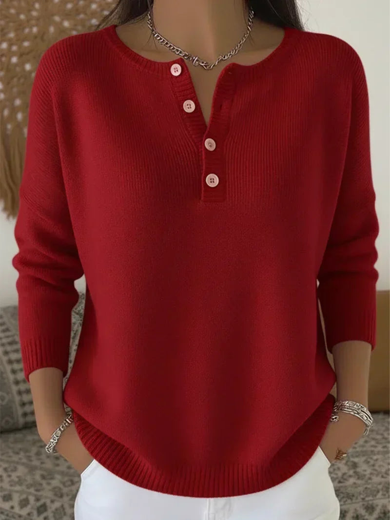 Women's Buttoned Henley Sweater - Soft and Casual