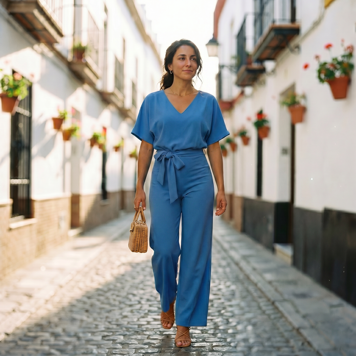 Helena | Women's Short Sleeve Casual Jumpsuit with Belt