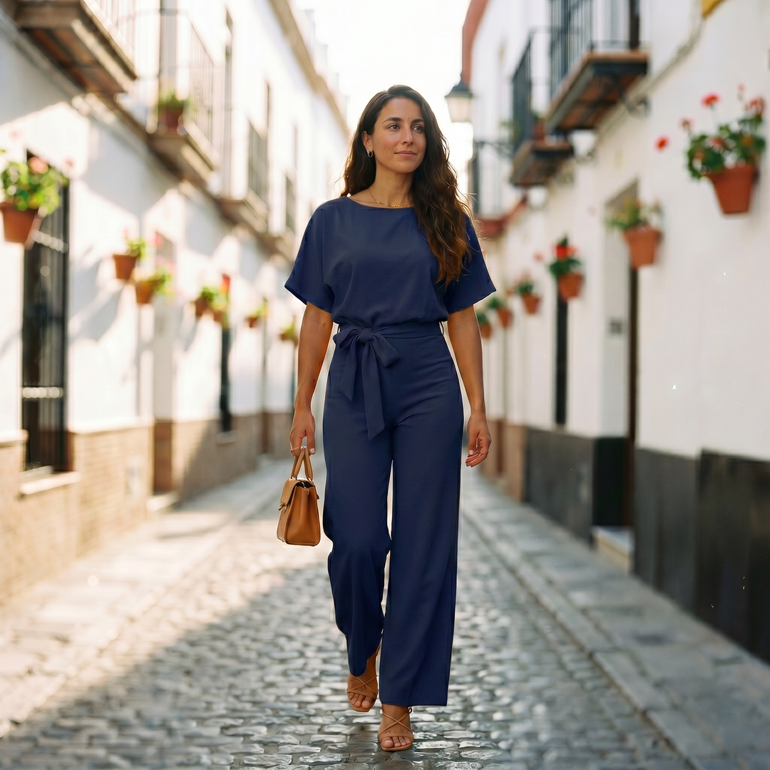Helena | Women's Short Sleeve Casual Jumpsuit with Belt
