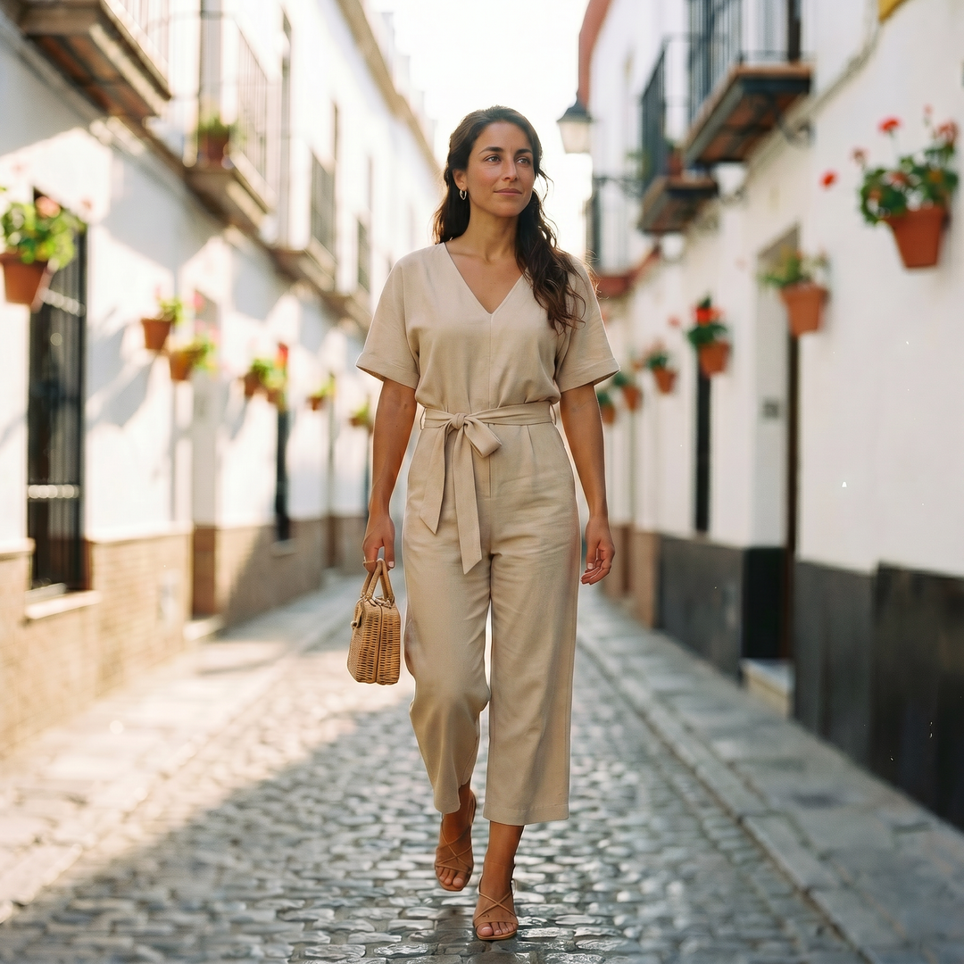 Helena | Women's Short Sleeve Casual Jumpsuit with Belt