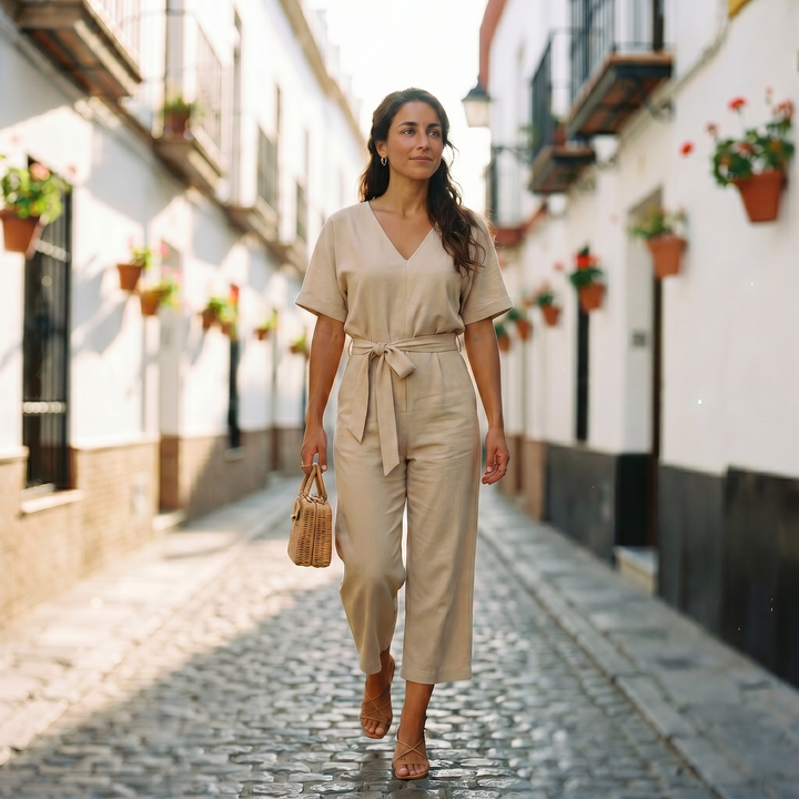 Helena | Women's Short Sleeve Casual Jumpsuit with Belt