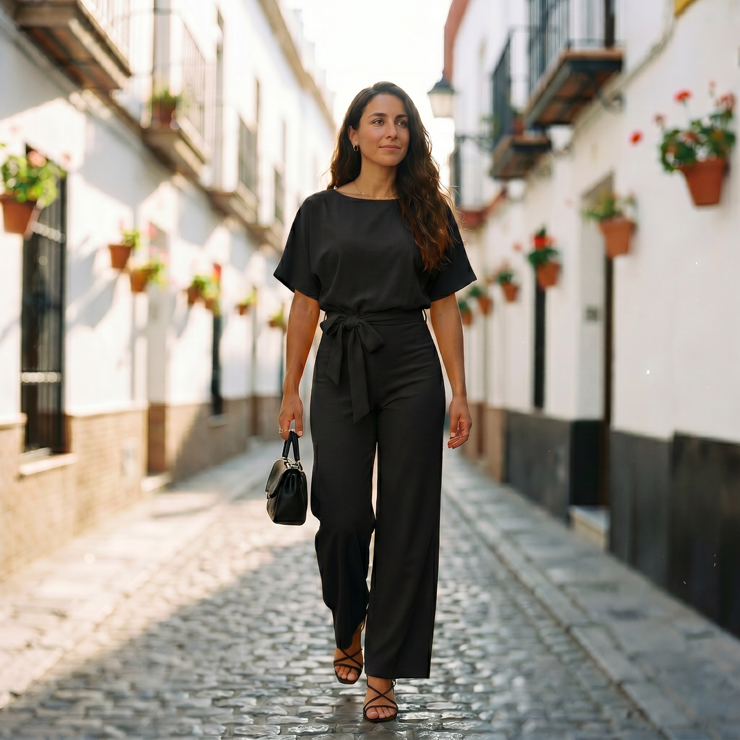 Helena | Women's Short Sleeve Casual Jumpsuit with Belt