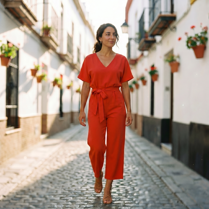 Helena | Women's Short Sleeve Casual Jumpsuit with Belt