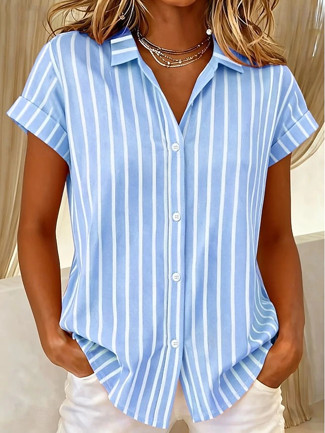 Sylvia Striped Short-Sleeve Blouse, view 5 - Elena Harper