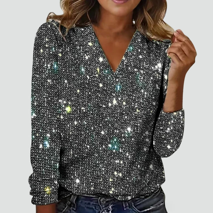 Glitter Blouse for Women with V-neck and Long Sleeves