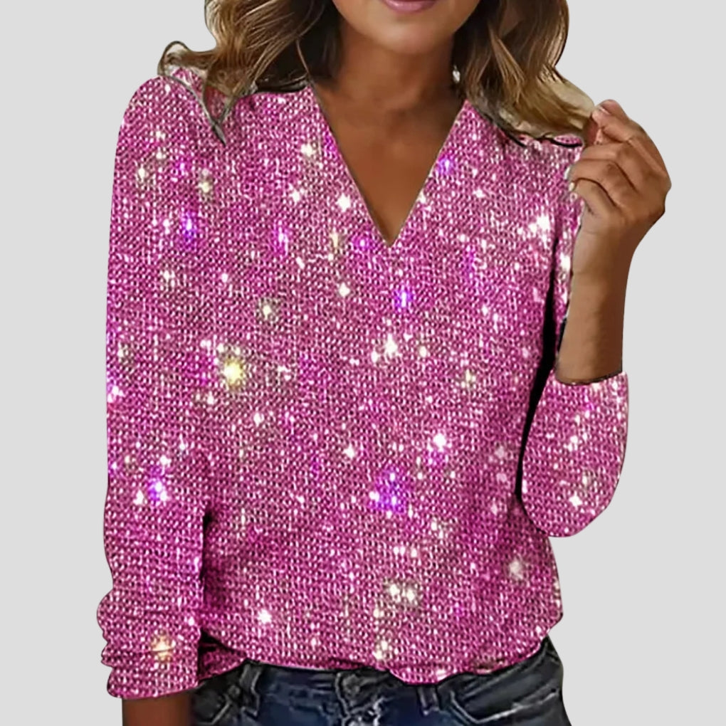 Glitter Blouse for Women with V-neck and Long Sleeves