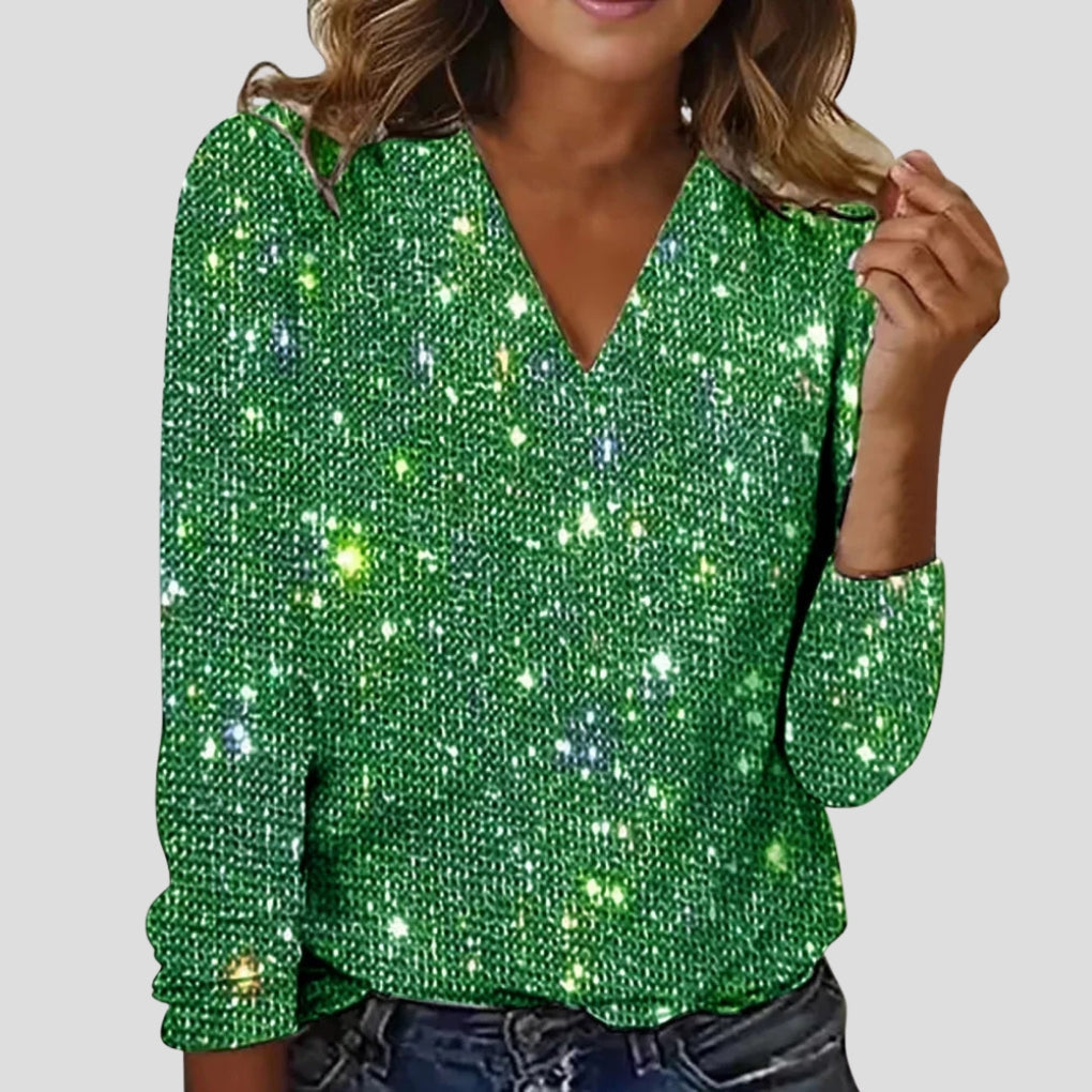 Glitter Blouse for Women with V-neck and Long Sleeves