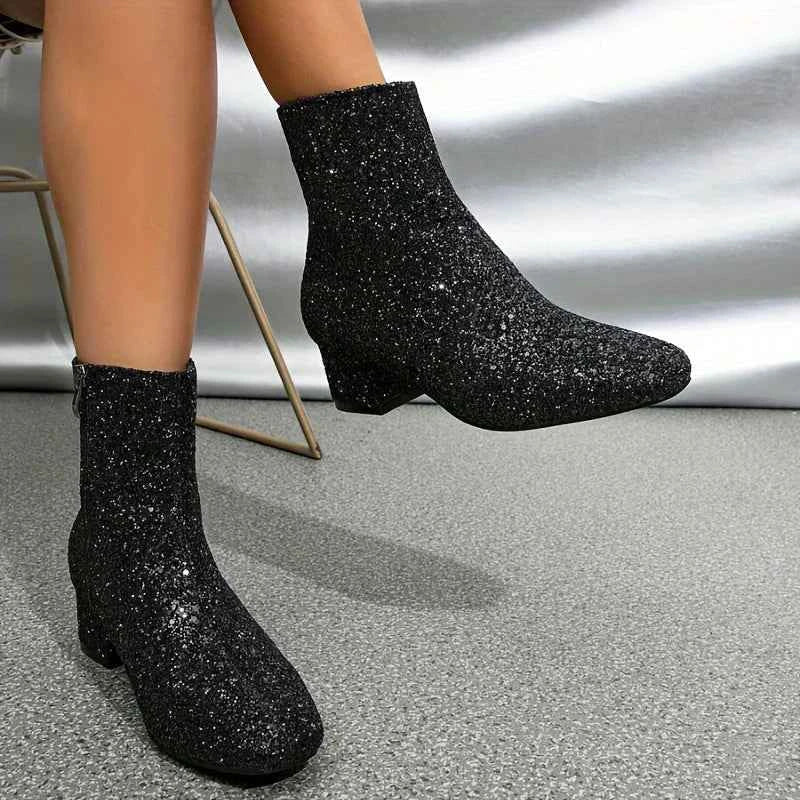 Black Glitter Ankle Boots Party Evening Outfit