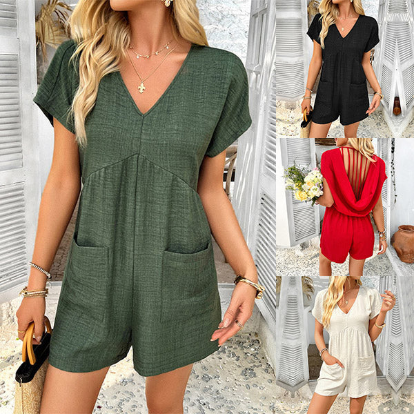 Loyce Structured Romper with V-Neck and Pocket Details, view 9 - Elena Harper