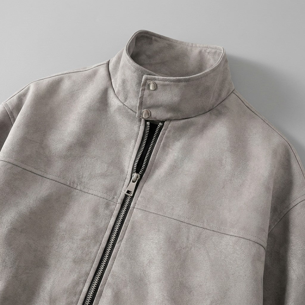 Women's Suede Jacket with Stand-Up Collar and Zipper