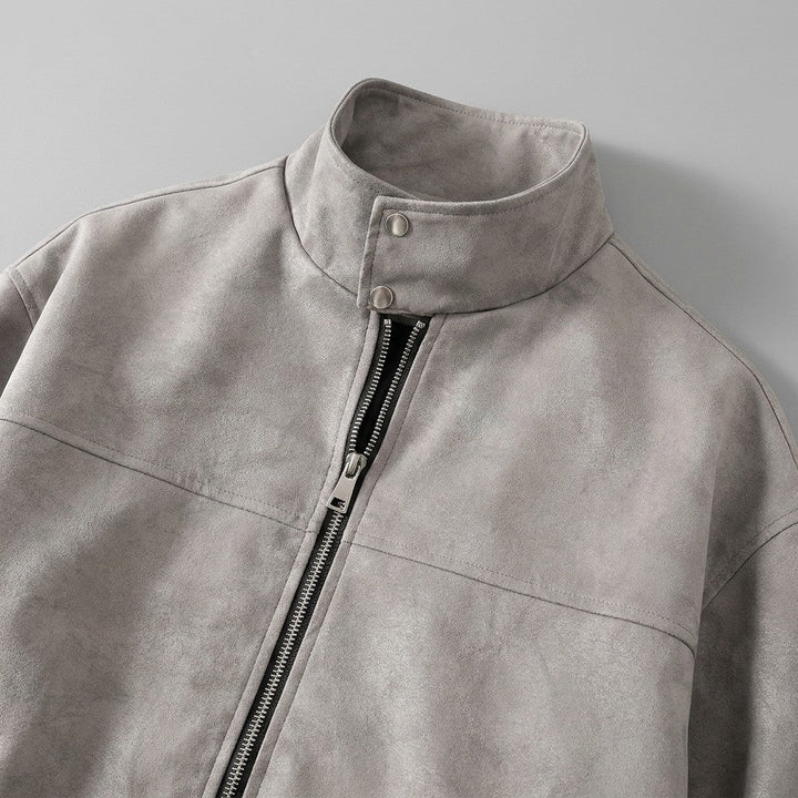 Women's Suede Jacket with Stand-Up Collar and Zipper