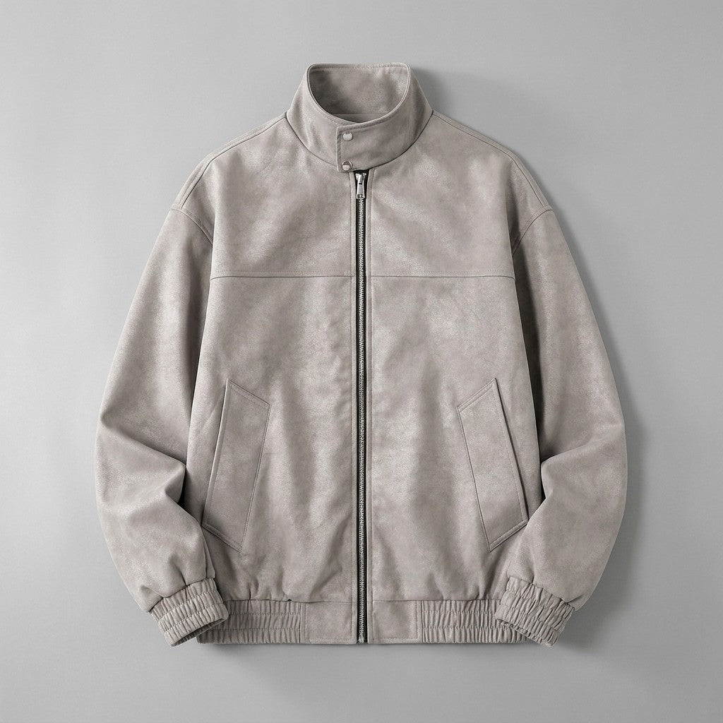 Women's Suede Jacket with Stand-Up Collar and Zipper