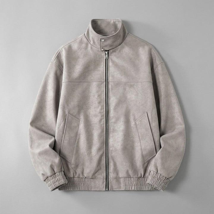 Women's Suede Jacket with Stand-Up Collar and Zipper