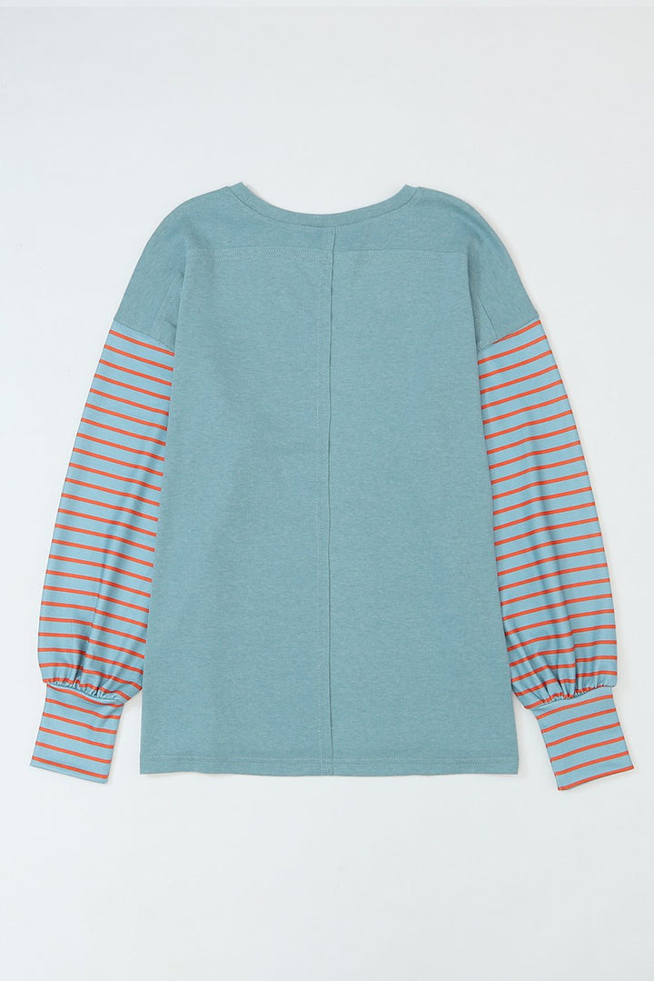 Green Colorblock Striped Bishop Sleeve Top with Side Slits