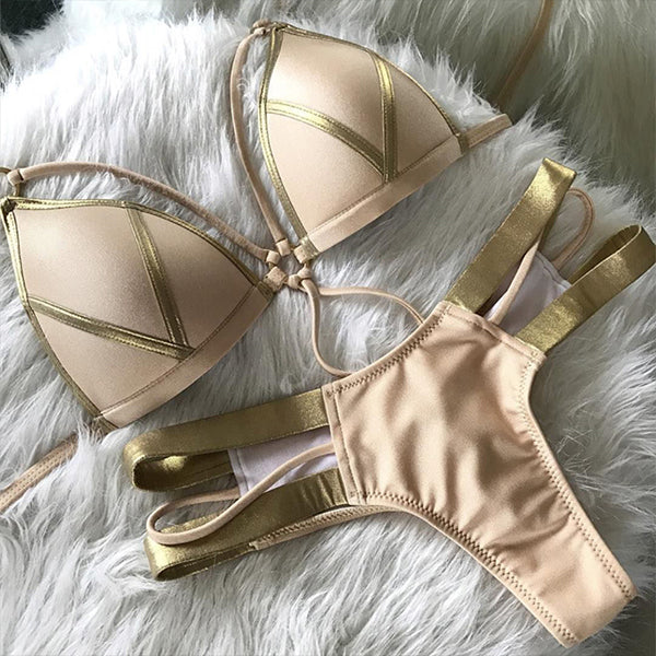 Dacy Bikini swimsuit with golden fabric seams, view 4 - Elena Harper