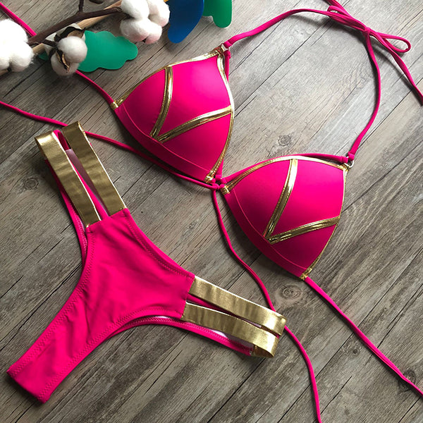 Dacy Bikini swimsuit with golden fabric seams, view 3 - Elena Harper