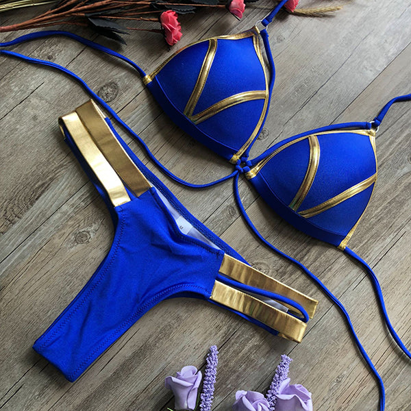 Dacy Bikini swimsuit with golden fabric seams, view 5 - Elena Harper
