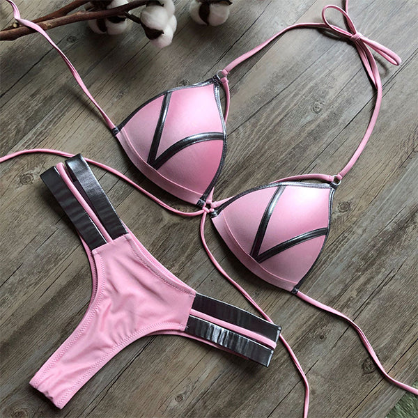 Dacy Bikini swimsuit with golden fabric seams, view 2 - Elena Harper