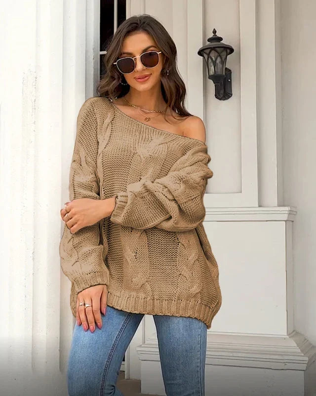 Halvdra Women's Knit Sweater Cable Pattern Oversized, view 4 - Elena Harper