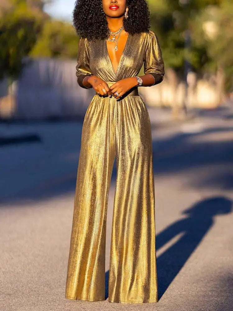 Ladies Shiny Jumpsuit with V-Neck and Wide Legs