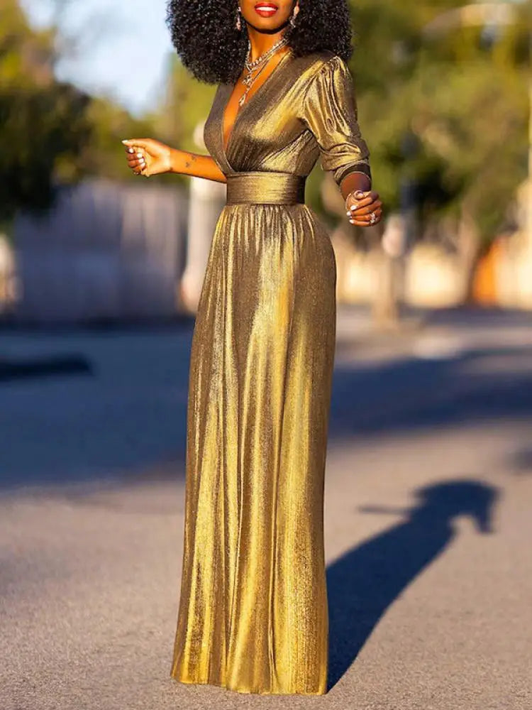 Ladies Shiny Jumpsuit with V-Neck and Wide Legs