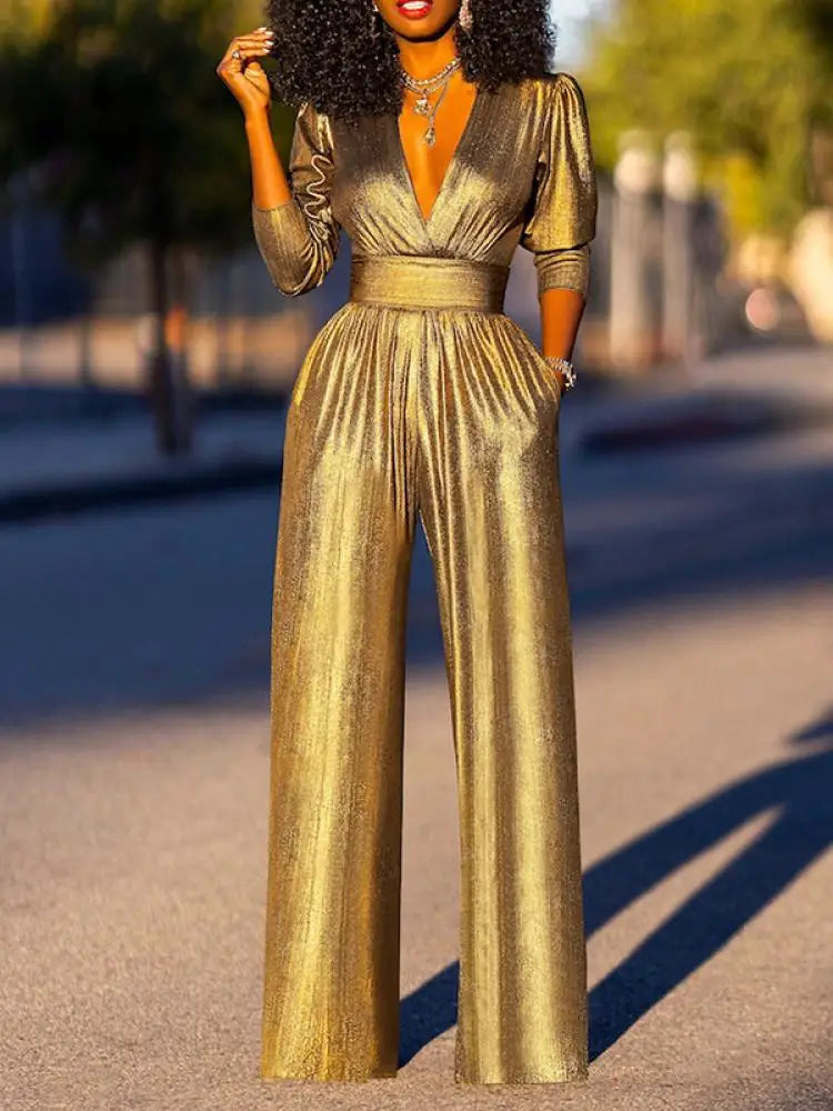 Ladies Shiny Jumpsuit with V-Neck and Wide Legs