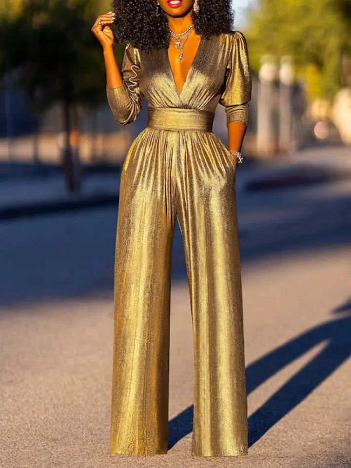 Ladies Shiny Jumpsuit with V-Neck and Wide Legs