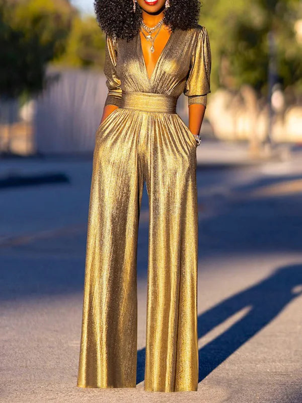 Ladies Shiny Jumpsuit with V-Neck and Wide Legs