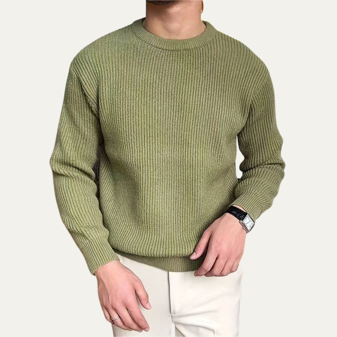 Men's Casual Ribbed Sweater with Round Neck and Loose Fit