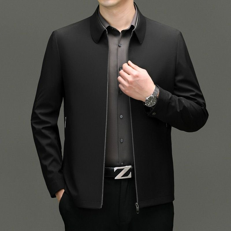 Men's Casual Mid-Season Jacket with Pointed Collar and Slanted Zipper Pockets