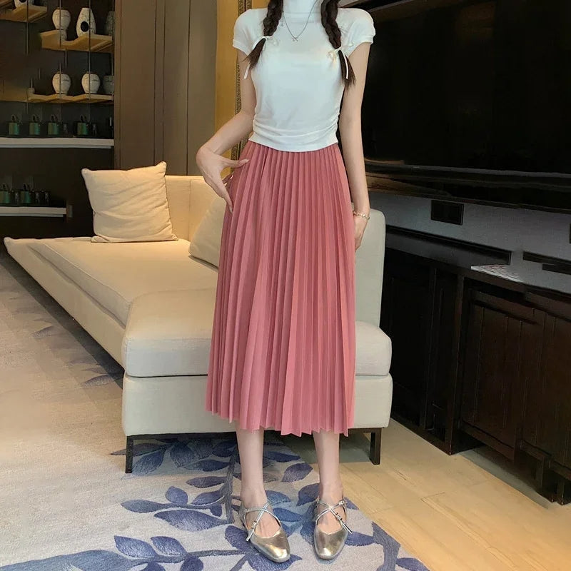 Ladies Pleated Midi Skirt with High Waist for Various Occasions