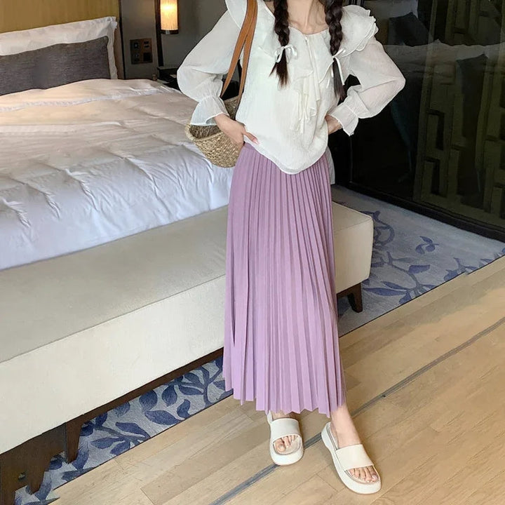 Ladies Pleated Midi Skirt with High Waist for Various Occasions