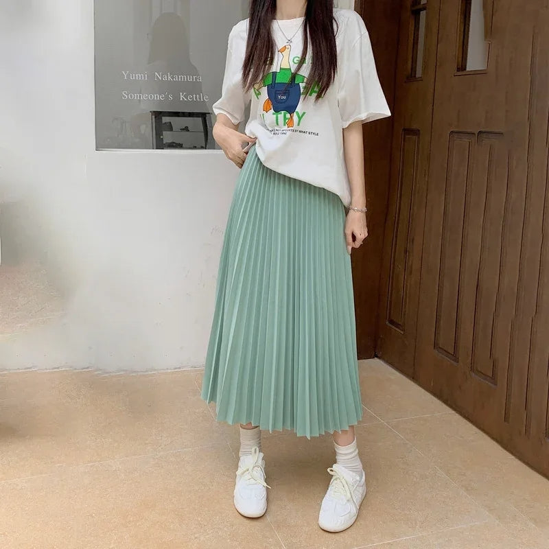 Ladies Pleated Midi Skirt with High Waist for Various Occasions