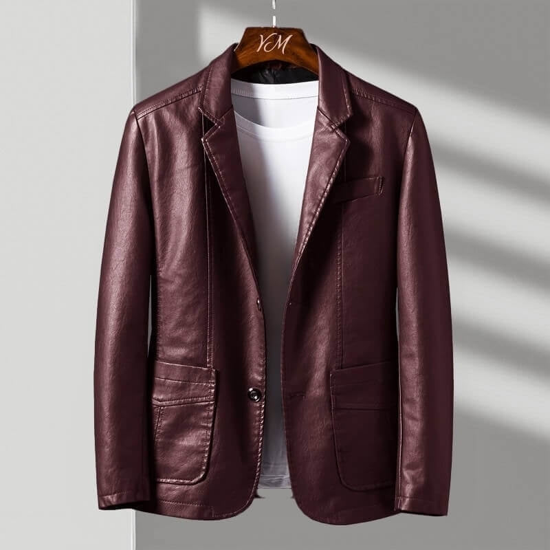 Men's Tailored Leather Blazer with Notch Lapel and Two Buttons