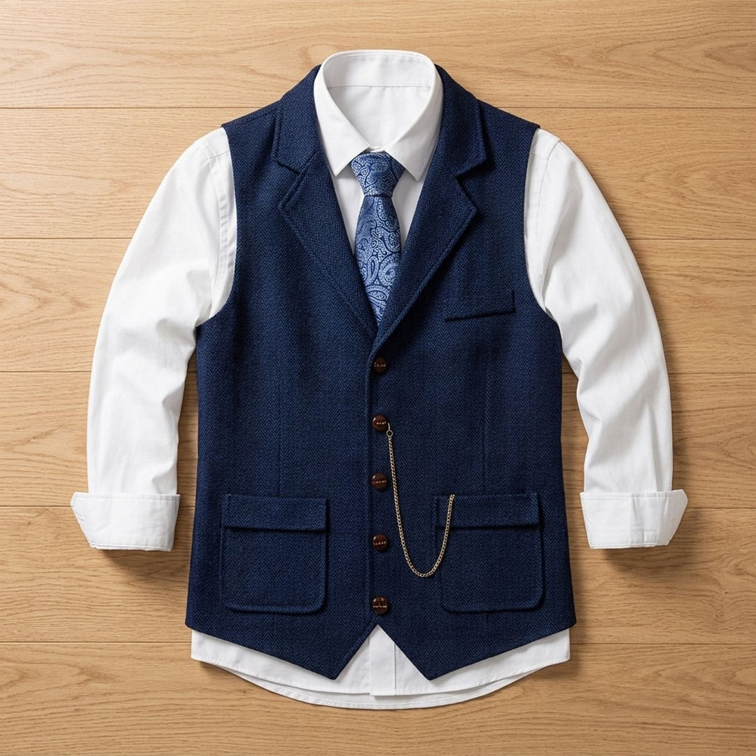 Luuk | Men's Herringbone Waistcoat with Lapels and Button Closure