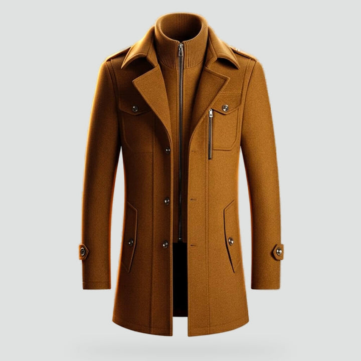 Men's Warm Wool Coat with Zipper and Notched Collar
