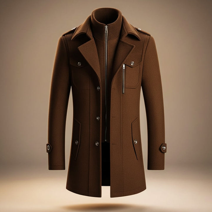 Men's Warm Wool Coat with Zipper and Notched Collar