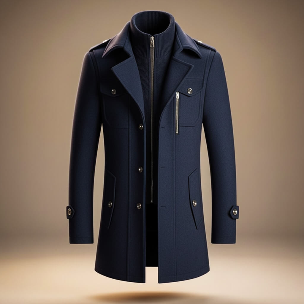 Men's Warm Wool Coat with Zipper and Notched Collar