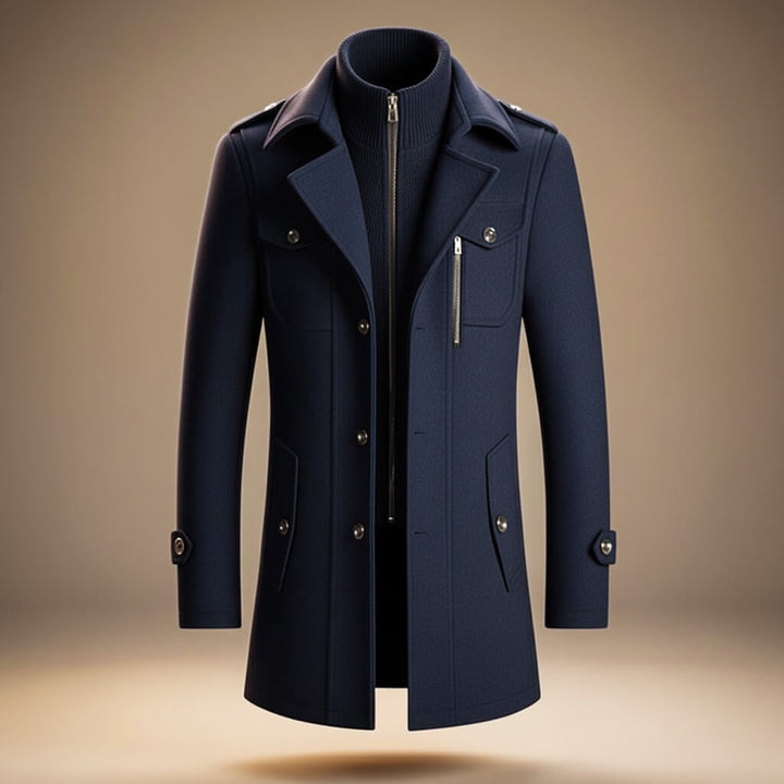 Men's Warm Wool Coat with Zipper and Notched Collar