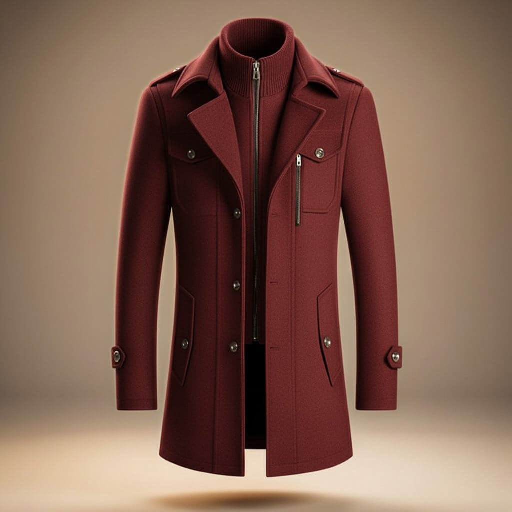 Men's Warm Wool Coat with Zipper and Notched Collar